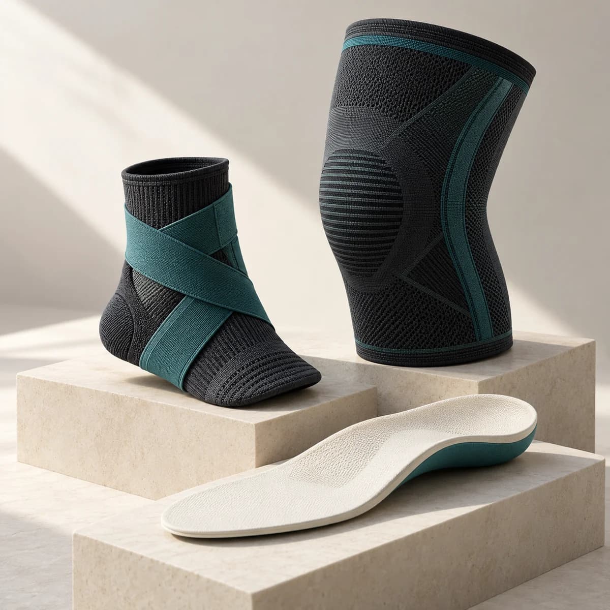 Conceptual still life of orthopedic supports and an insole